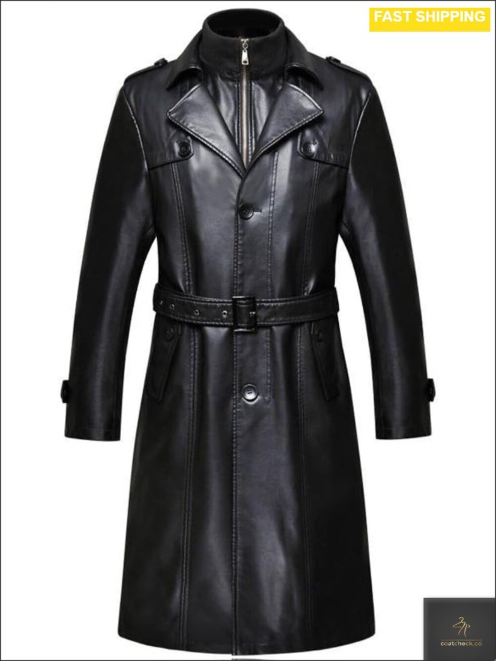 Mens Faux Leather Trench Coat Parka Long Overcoat Button Down Fleece Option